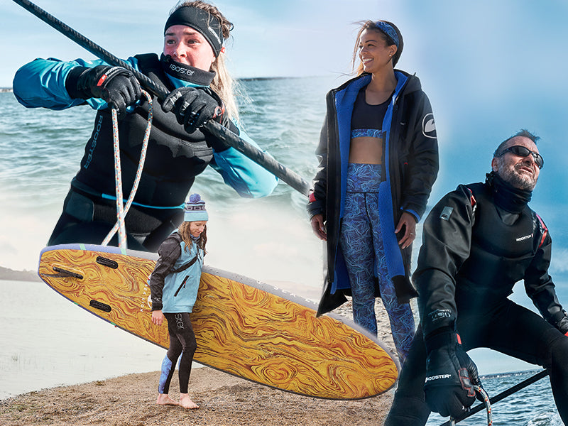 "Four outdoor water sports enthusiasts in wetsuits and layered clothing. wearing different aquafleece products