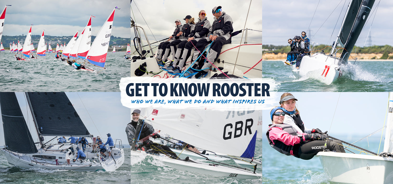 mixed sailing action photo with overlay text: get to know rooster: who we are, what we do and what inspires us.