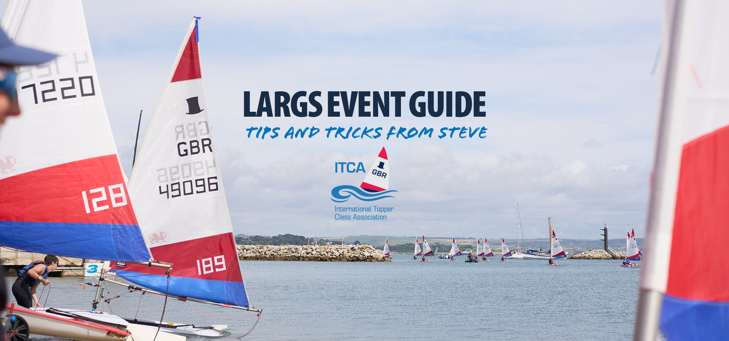 topper sailing in the background with over lay text : Largs event guide tips and tricks from Steve