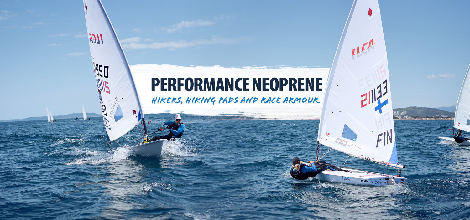 images of laser sailors wearing thermaflex and supertherm with text overlay : Performance neoprene hikers, hiking pads and race armour.