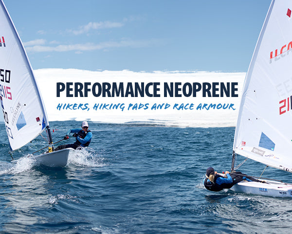 images of laser sailors wearing thermaflex and supertherm with text overlay : Performance neoprene hikers, hiking pads and race armour.