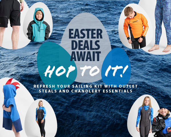 Easter-themed sailing gear sale banner featuring various adults and children in sailing and wetsuit apparel, set against a background of ocean waves. Text in the center reads 'Easter Deals Await – Hop to It! Refresh your sailing kit with outlet steals and chandlery essentials.' Clothing items are displayed in egg-shaped frames to reflect the Easter theme